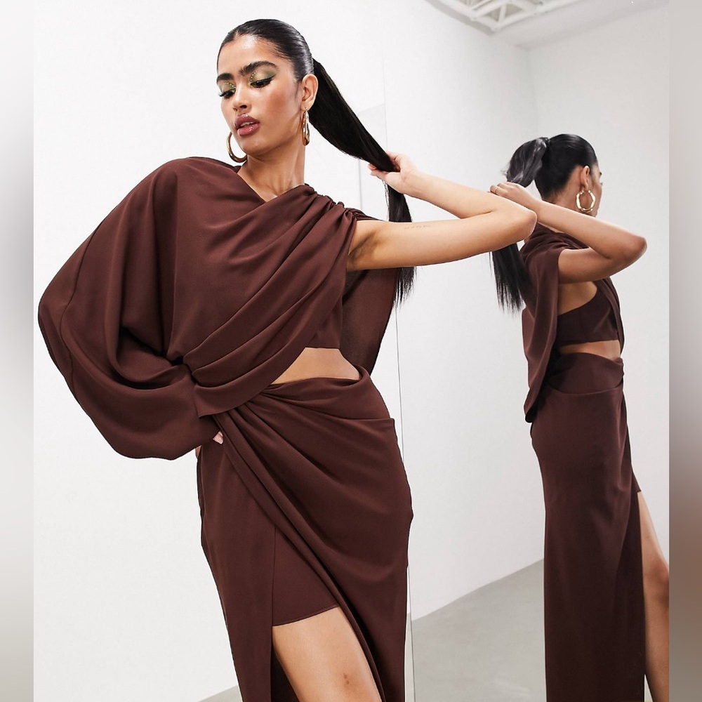 ASOS design brown one shoulder draped maxi dress